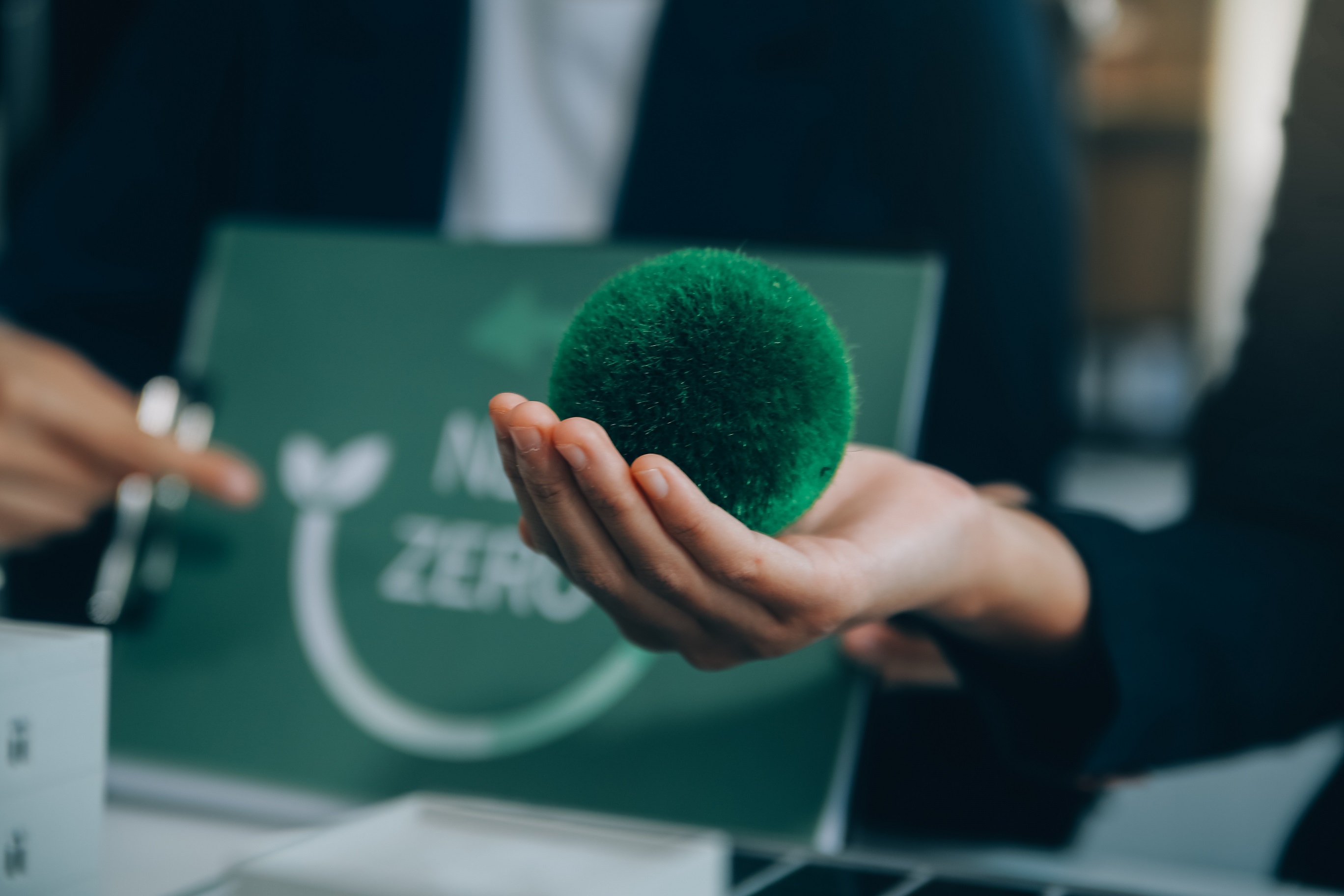 Carbon offset price report CO2 emission. Future growth Net zero waste in ESG ethical SME office protect climate change global warming social issues project. Group of asia people Eco friendly SDGs plan