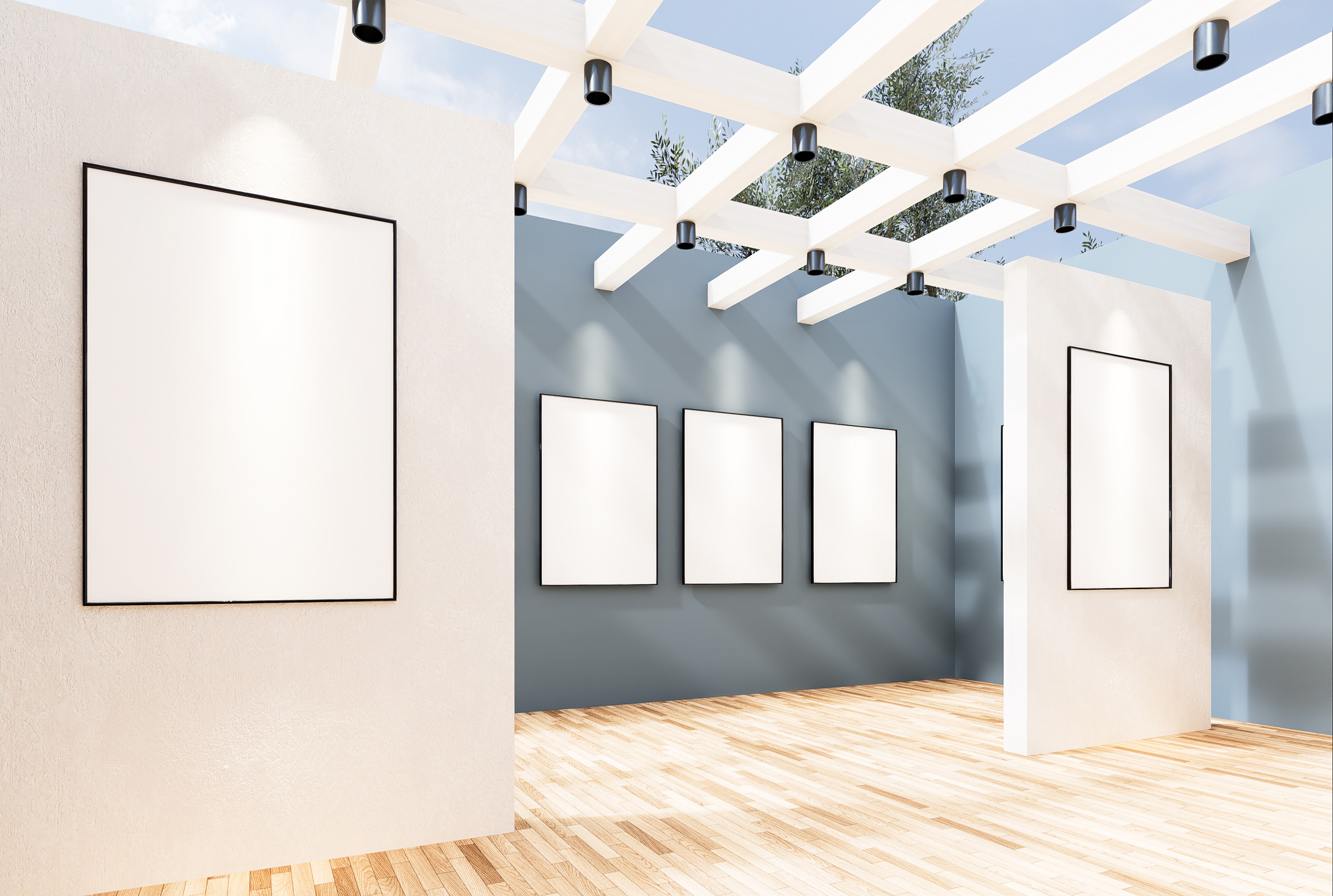 Empty room interior with white canvas in the gallery.